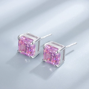 Pink cushion cut 8mm carbon diamond earrings in S925 sterling silver four-prong setting