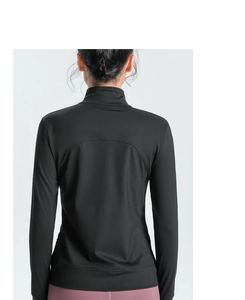 Slim fit black yoga jacket with stand collar and ergonomic back seams for sport