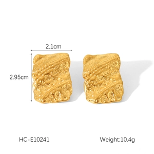 Macro view of 18K gold plated hammered texture rectangle earrings with size specs