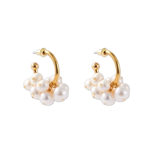 Elegant round freshwater pearl hoop earrings in champagne gold finish for women