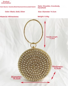 Detail of gold rhinestone evening bag showing dimensions: 14.5cm diameter and 11.5cm handle