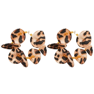 Leopard print fabric flower hoop earrings with amber beads in a retro design