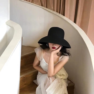 Women Elegant French Hepburn Style Straw Sun Hat Woven Foldable Beach Summer Travel Protection Wide Brim Vintage Hat
