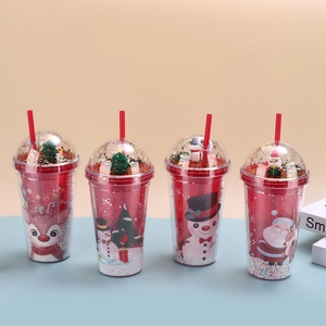 Set of four Christmas double-layer plastic straw cups with festive reindeer and Santa motifs