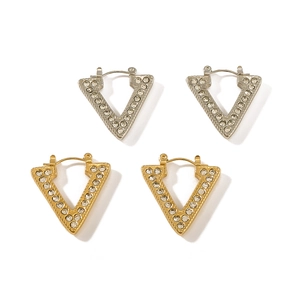 Golden and silver V-shaped earrings with sparkling crystals on white background