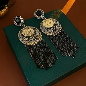 Vintage gold portrait coins earrings with black gemstone and long chain tassels