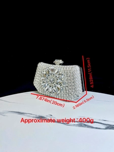 Silver rhinestone evening clutch bag with flower pattern and size dimension markings