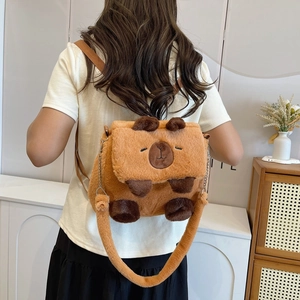 Cute Capybara plush backpack in brown faux fur with adjustable shoulder straps