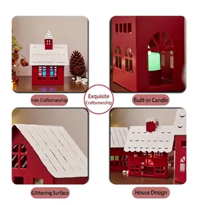 Red metal house Christmas candle holder with white glitter snow and LED tea light