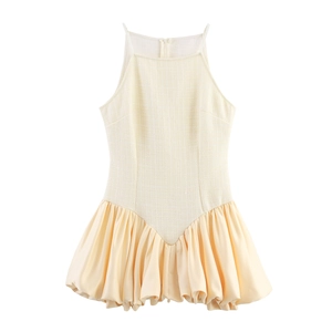 Robe Mini Dos Nu Avec Corsage En Tweed Et Jupe Boule Plissée En Satin Sans Manches Élégante Douce Pour Femmes