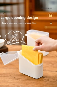 Action shot of taking a cheese slice from the tilted lid translucent storage container