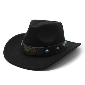 Chapeau Cowboy Western Feutre Laine Large Bord Ceinture Cuir Turquoise Boucle Étoile Rétro Jazz Fedora Hommes Femmes