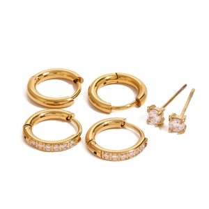 Three pairs of gold-plated stainless steel earrings with white zircon accents on white background