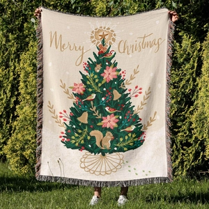 Bohemian Christmas tree woven blanket with colorful tassels and Merry Christmas text