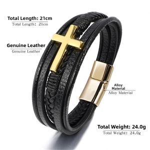 Men's multilayer black braided leather cross bracelet with gold magnetic clasp 21cm