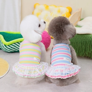 Pet Striped Lace Dress Knit Sleeveless Summer Cute Breathable Clothing For Small Dogs And Cats