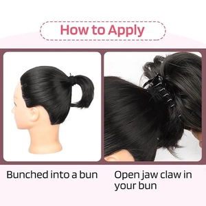 Step-by-step tutorial on how to apply the synthetic hair bun extension using a claw clip