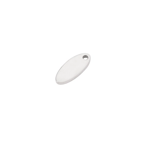 Polished silver oval stainless steel tag 5x12mm with pre-drilled hole on white background