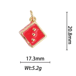 Detail of red enamel dice pendant with golden heart pips, 20.8mm size and 5.2g weight