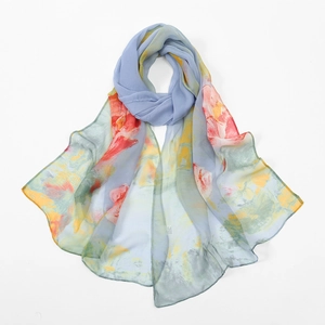 Colorful lotus print georgette silk scarf with light and transparent fabric texture