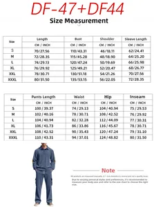 Detailed size chart for men's casual two-piece sportswear set with top and pants dimensions
