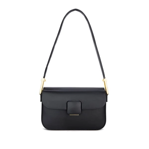 Minimalist black leather shoulder bag with square buckle and gold hardware
