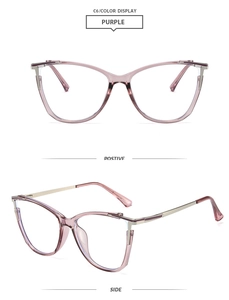 Detail of purple cat-eye frame glasses with golden metal temples and C6 color display