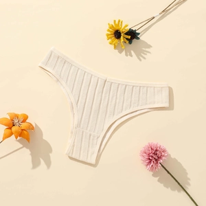 Creamy white ribbed cotton low-rise Brazilian panties for women with breathable double crotch