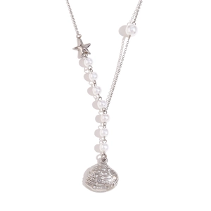 Silver starfish and pearl shell pendant necklace with crystal accents on white background