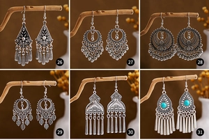 Macro detail of vintage bohemian silver tassel earrings with turquoise gemstone accents