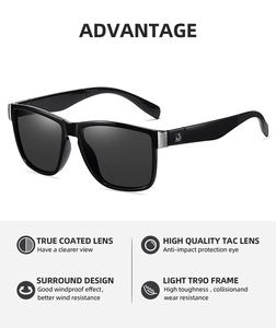 Detail of square black sunglasses showing durable TR90 frame and TAC polarized lenses