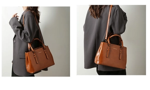 Detailed side view of caramel brown retro handbag with detachable shoulder strap on model