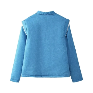 Blaue gesteppte Jacke für Mädchen mit Denim-Druck und weißen Rüschen an den Schultern