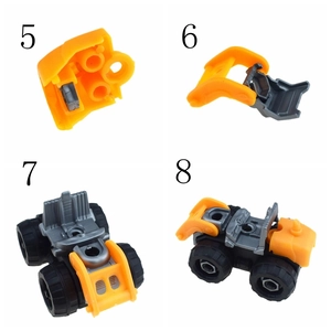 Step-by-step assembly guide for a yellow DIY toy construction vehicle model kit
