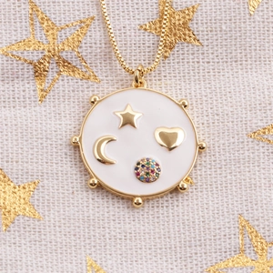 Golden moon star heart pendant necklace with white enamel and colorful zircon accents