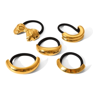 Chic 18K gold stainless steel hair ties with minimalist metal bow and curved charms set