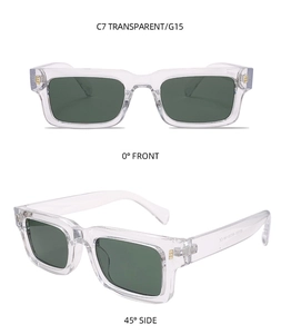 Front- und 45-Grad-Seitenansicht der transparenten Rechteck-Sonnenbrille mit G15 Gläsern