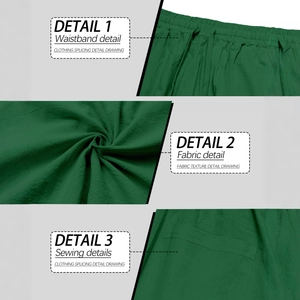 Green men's linen straight pants showing elastic waistband and detailed fabric texture