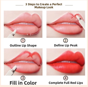 Vierschrittige Anleitung zum Auftragen von rotem Lippenstift mit einem Lippenpinsel