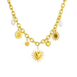Gold-plated chunky chain necklace with sun, heart, insect charms and pearls