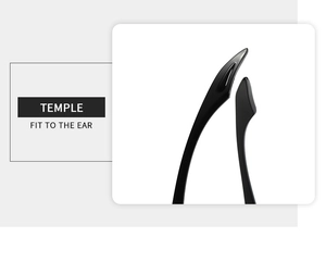 Detail of ergonomic glossy black sunglasses temple tip designed for a comfortable ear fit