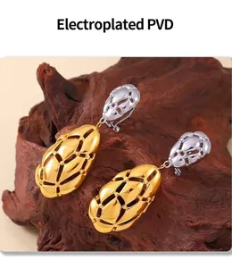 Macro detail of irregular hollow teardrop earrings with gold and silver PVD plating