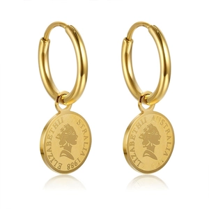 Polished gold Elizabeth II coin drop earrings in stainless steel with mirror finish