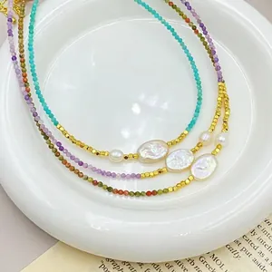 Tourmaline and freshwater pearl beaded necklace with gold accents and lobster clasp