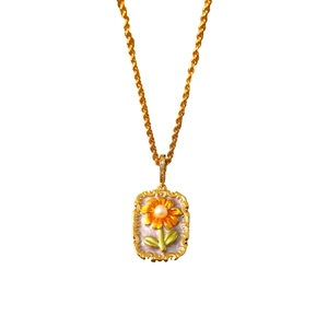 French Monet sunflower painting pendant necklace with freshwater pearl on gold twist chain