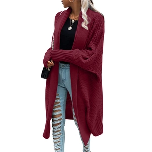 Detail view of wine red batwing sleeve knit cardigan with loose fit for women