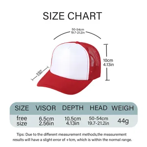 Size chart for kids trucker hat showing head circumference and brim depth details