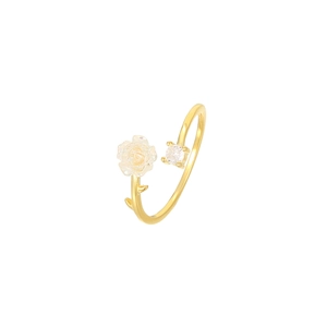 Elegant adjustable gold ring featuring a white camellia flower and a sparkling zircon