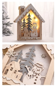 Macro shot of illuminated wooden Christmas house with LED light and snowman cutout