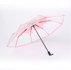 Detail of pink cherry blossom pattern on transparent POB umbrella canopy with black frame